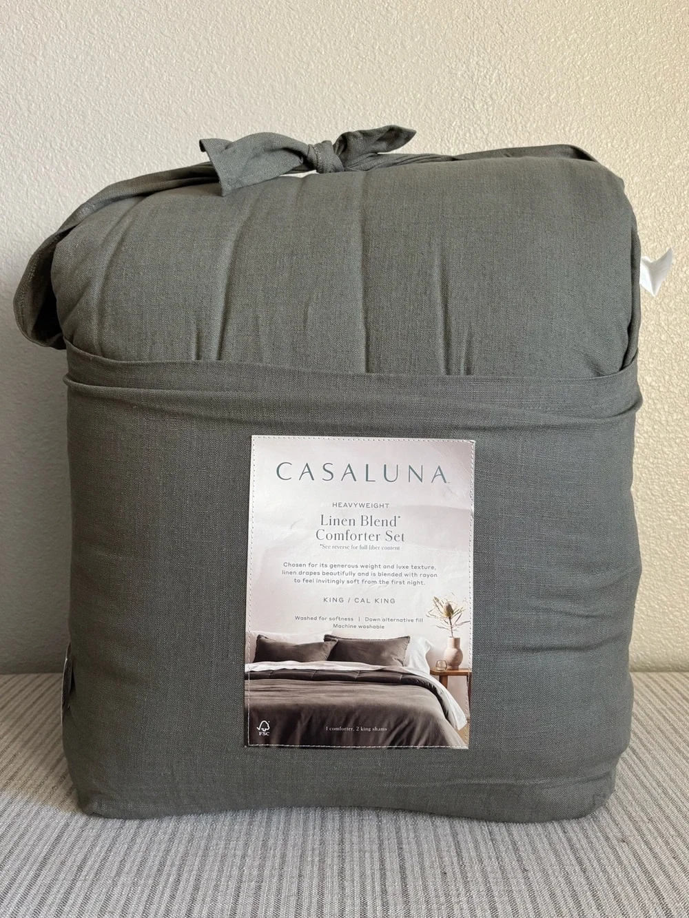 NWT King / California King Heavyweight Linen Blend Comforter and Sham Set Olive